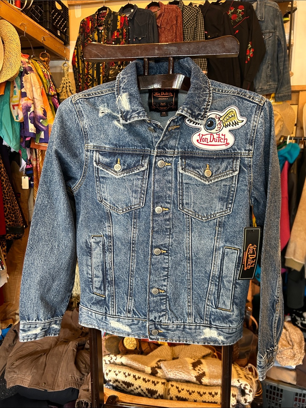 Von Dutch Blue Distressed Denim Jacket with Wing Patch